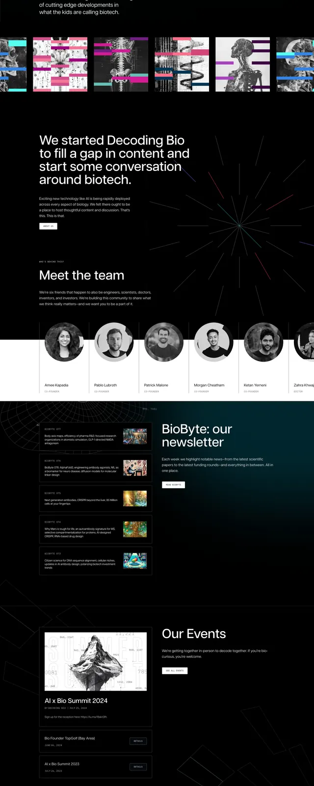 Decoding Bio dark editorial homepage, dark-mode, editorial, dark