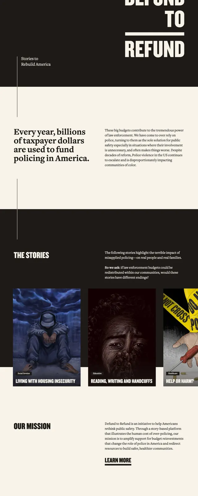 Defund to Refund, editorial, dark-mode, dark