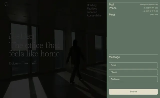 theDen split contact panel, minimal, light-mode, muted