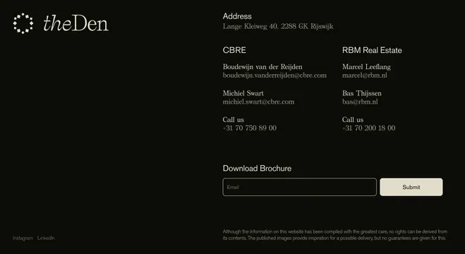 theDen dark broker footer, minimal, dark-mode, dark