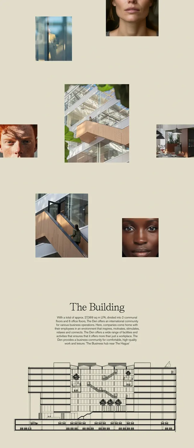 theDen building collage and section, minimal, light-mode, light