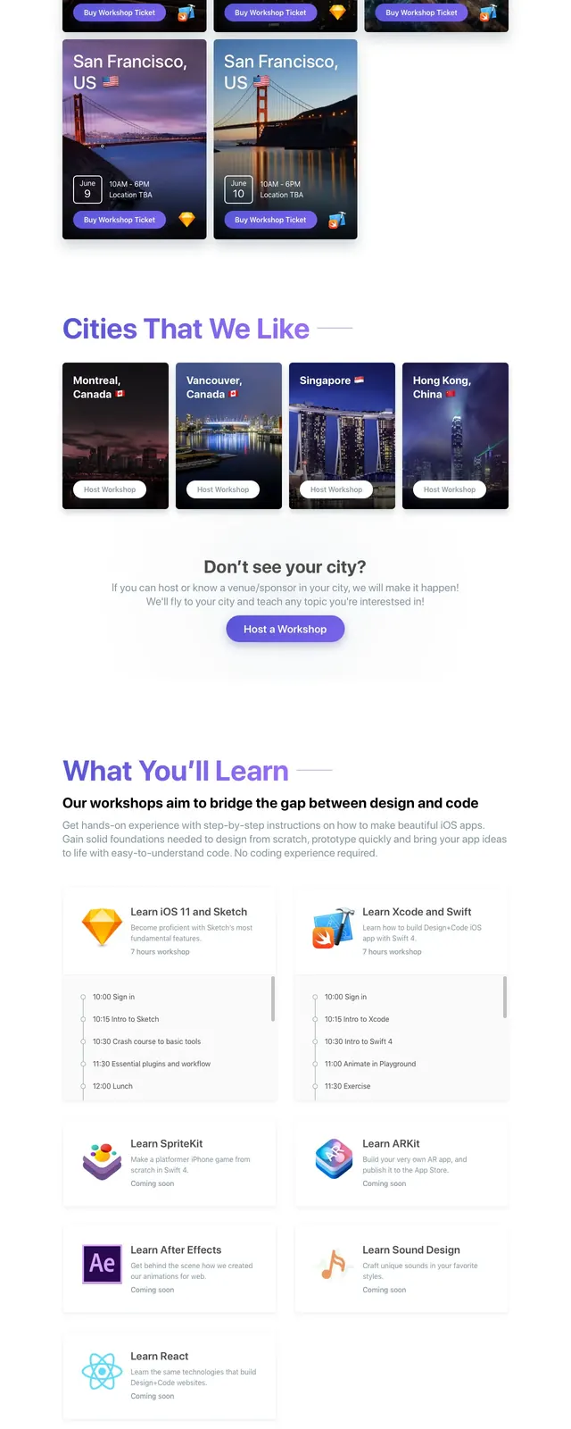 Design Code Workshops, editorial, gradient-heavy, light