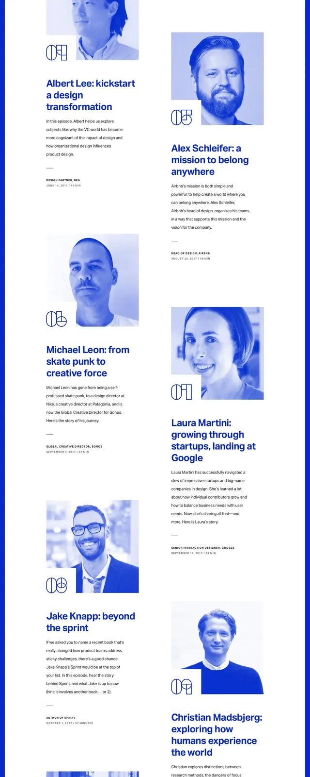 DesignBetter podcast landing page, editorial, boxed, light
