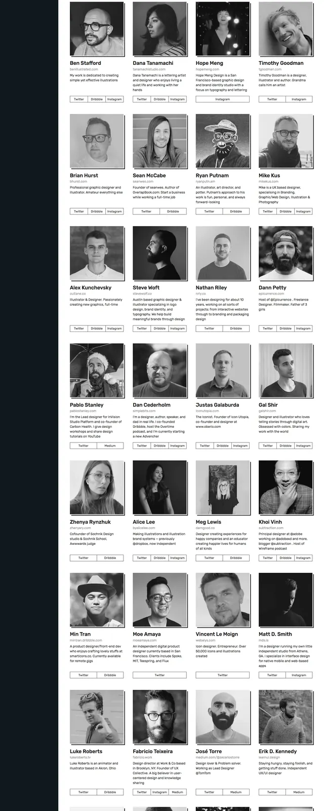 Designer Directory Grid, editorial, monochrome, dark
