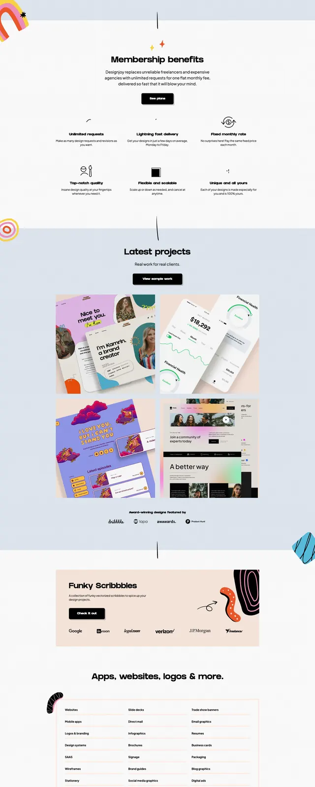 Designjoy Landing Page, playful, editorial, light