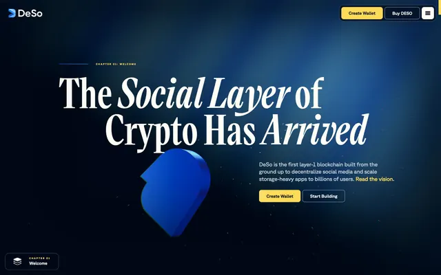 DeSo social layer crypto hero, minimal, dark-mode, dark