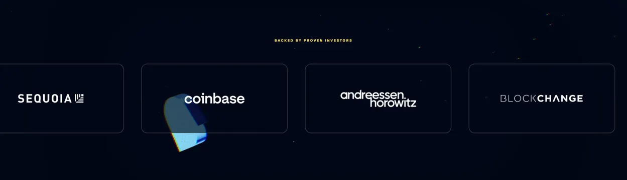 DeSo investor logo row, minimal, dark-mode, dark