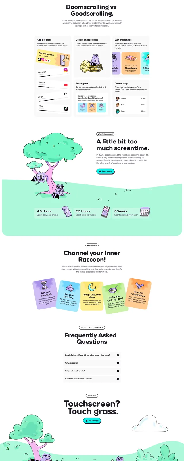 Detach playful app landing page, illustrated, playful, light