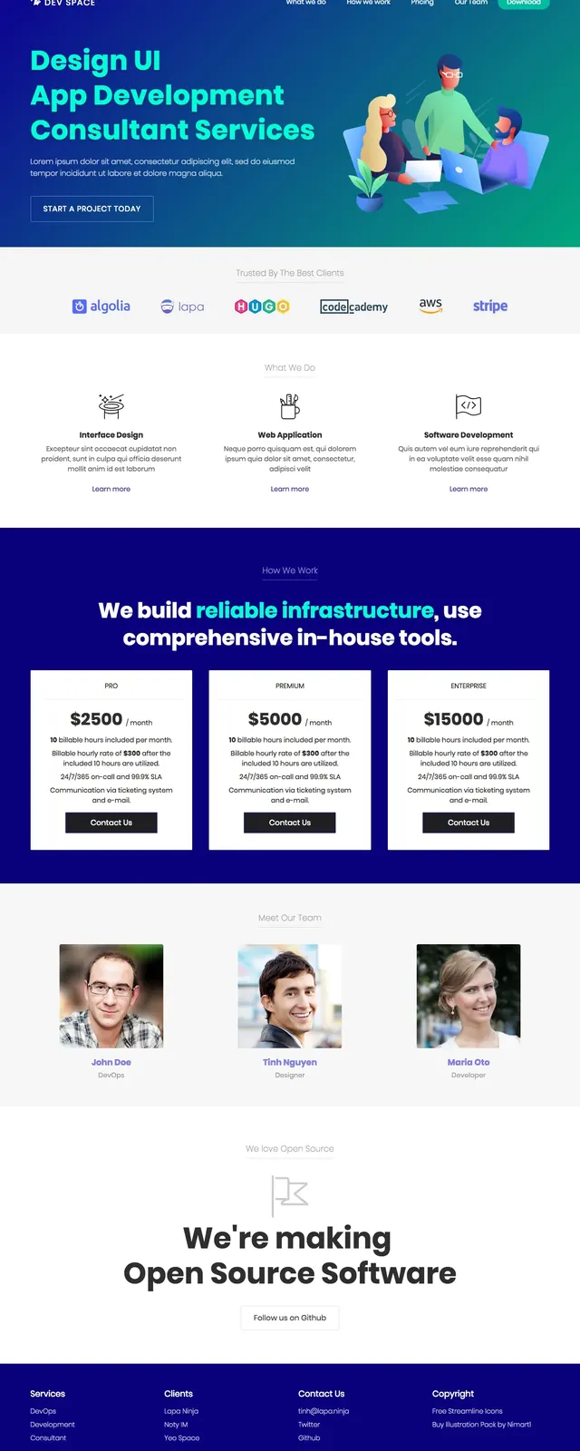 Dev Space agency landing page, gradient-heavy, illustrated, gradient