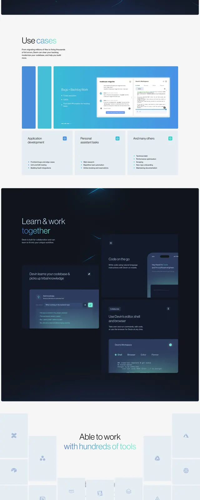 Devin dark SaaS landing page, dark-mode, gradient-heavy, dark