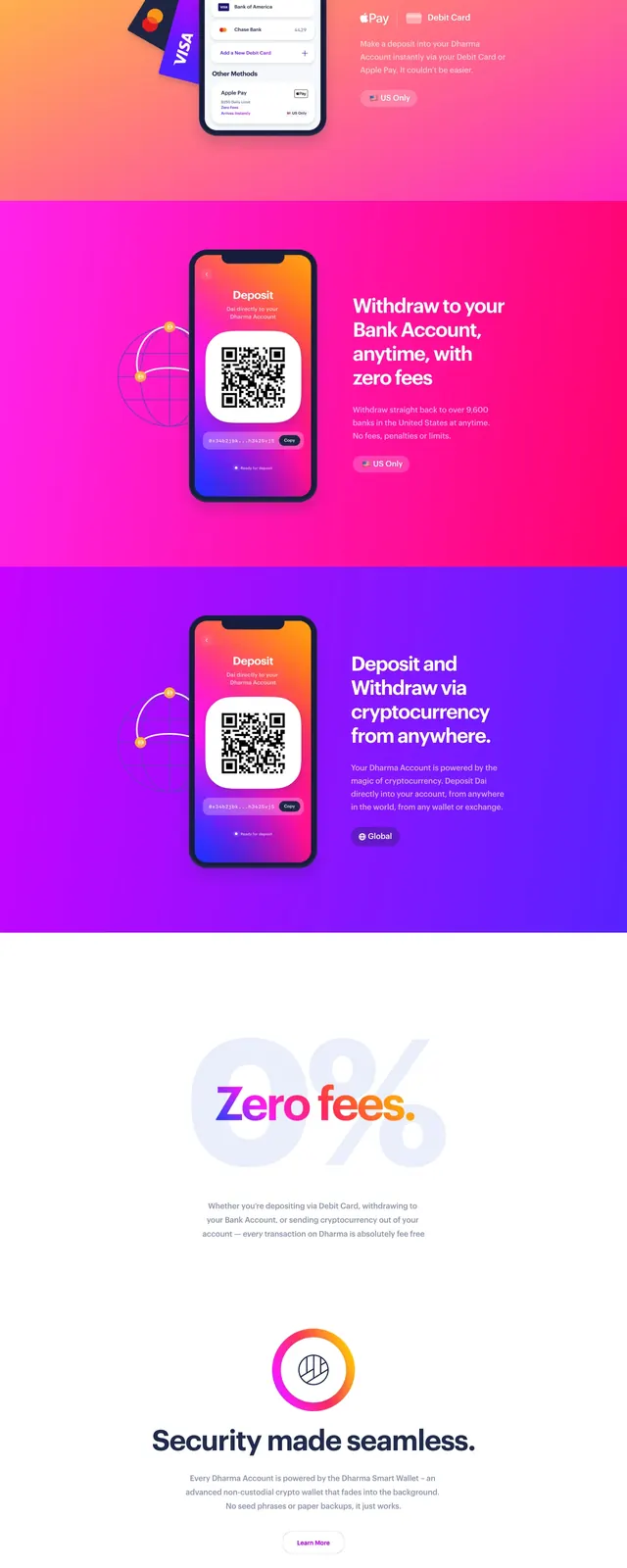 Dharma crypto bank landing page, gradient-heavy, minimal, light