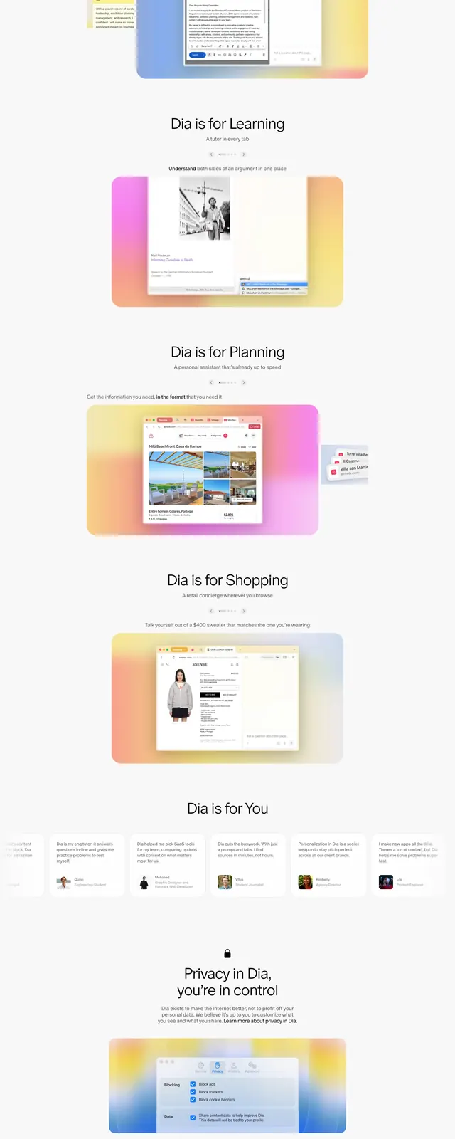 Dia Browser Landing Page, minimal, editorial, light