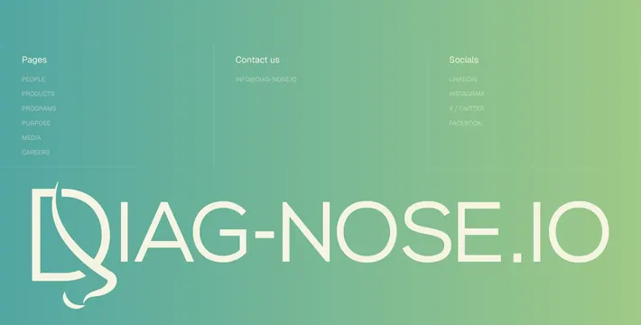 Diag-Nose gradient wordmark footer, minimal, gradient-heavy, gradient