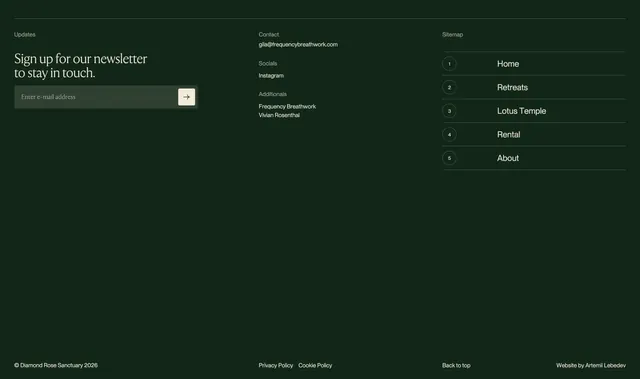 Diamond Rose sanctuary footer, minimal, dark-mode, dark