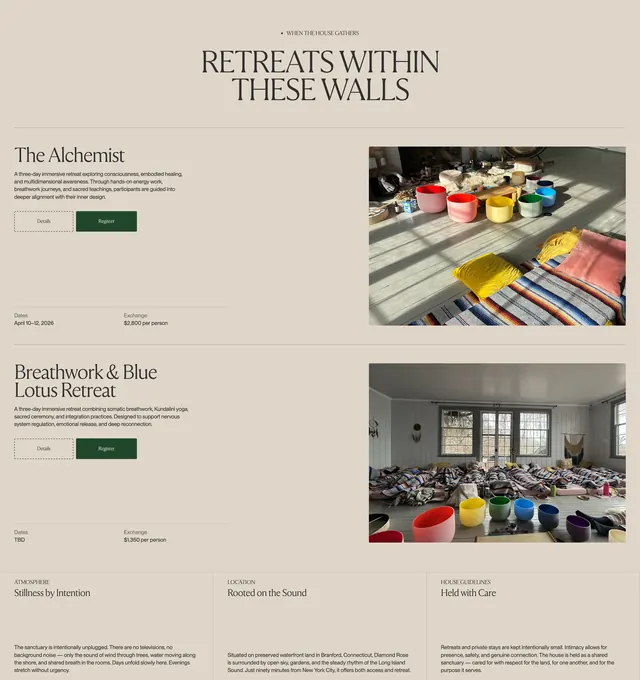 Diamond Rose retreats listing feature, minimal, light-mode, light