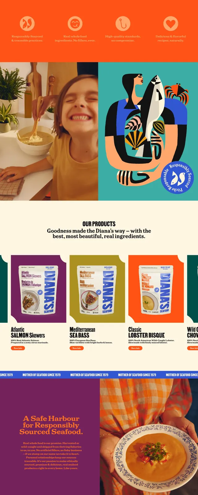Diana's Seafood full-page landing page, playful, illustrated, light