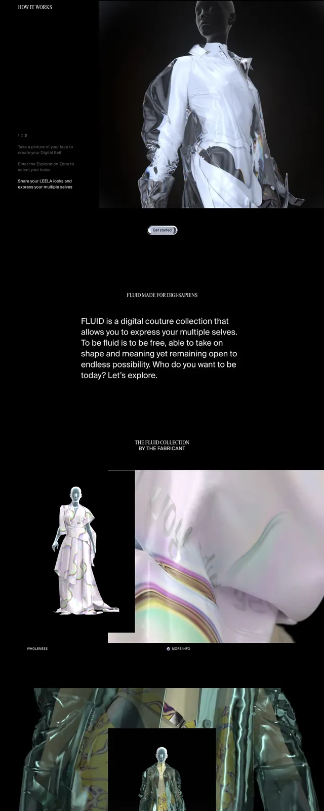 Digital couture landing page, editorial, dark-mode, dark