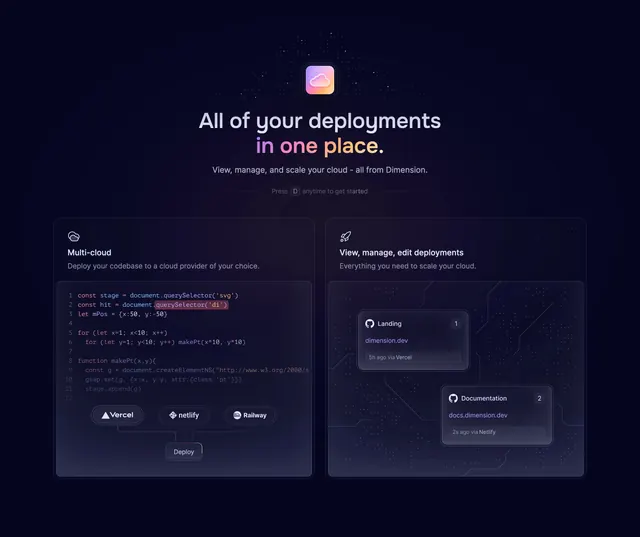 Dimension multi-cloud deployments feature, dark-mode, minimal, dark