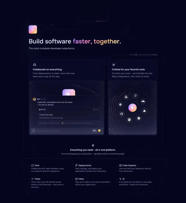 Dimension developer platform feature grid, dark-mode, minimal, dark
