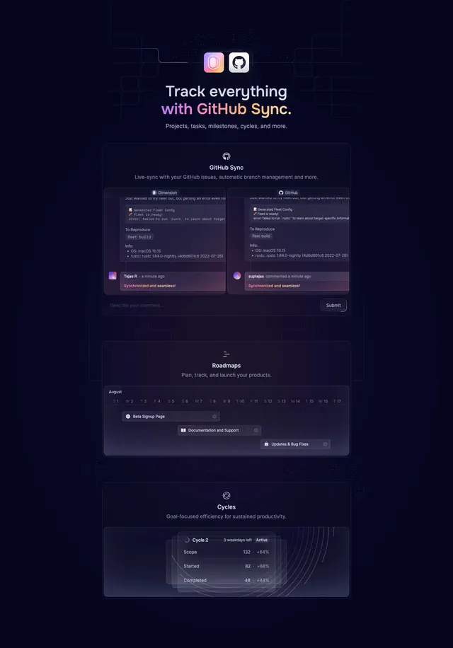 Dimension GitHub sync roadmap section, dark-mode, minimal, dark
