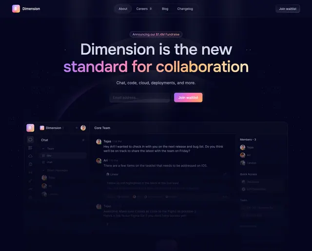 Dimension collaboration platform hero, dark-mode, minimal, dark