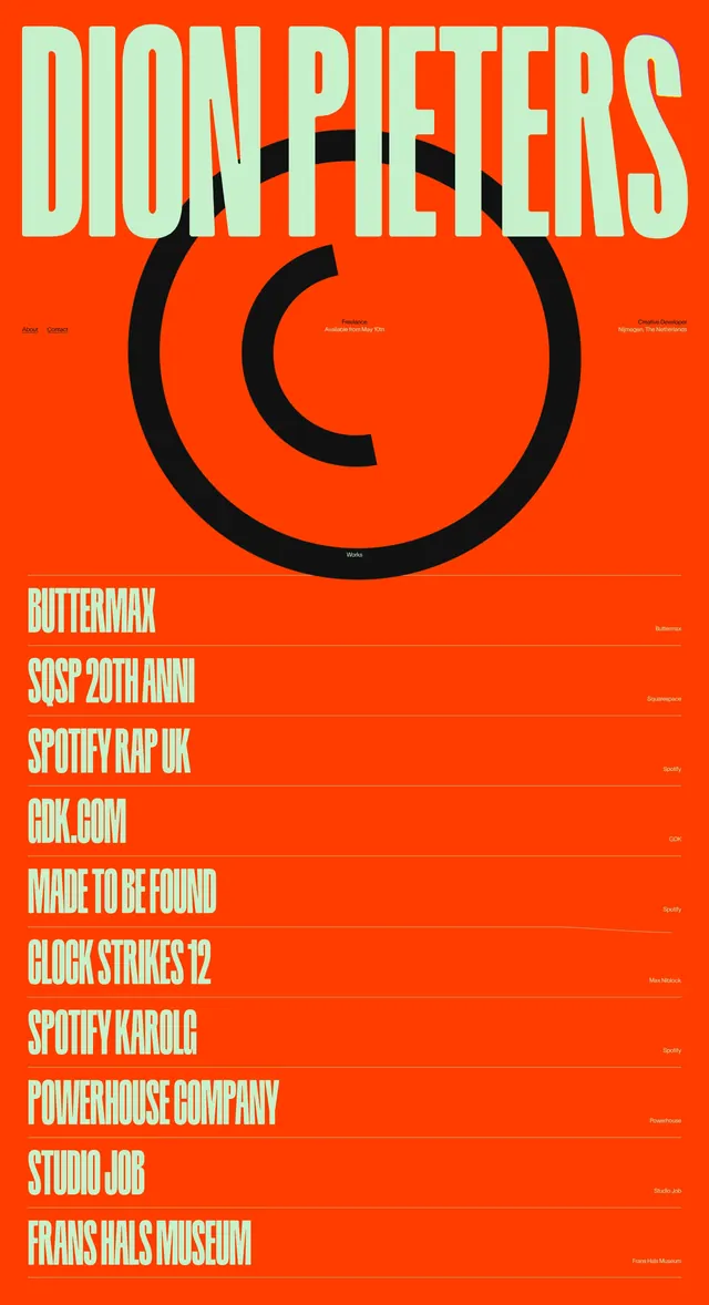 Bold orange portfolio hero, brutalist, editorial, high-contrast