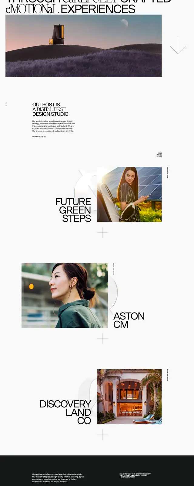 Outpost editorial agency homepage, swiss, editorial, light