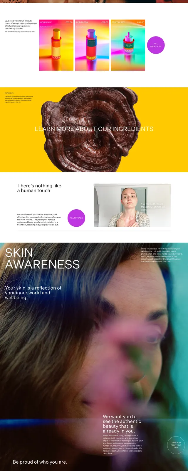 Djusie editorial skincare landing page, editorial, photographic, light