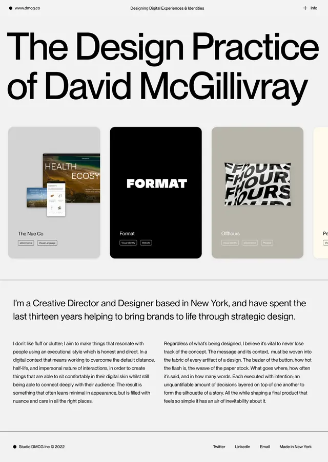 David McGillivray portfolio hero, minimal, editorial, light