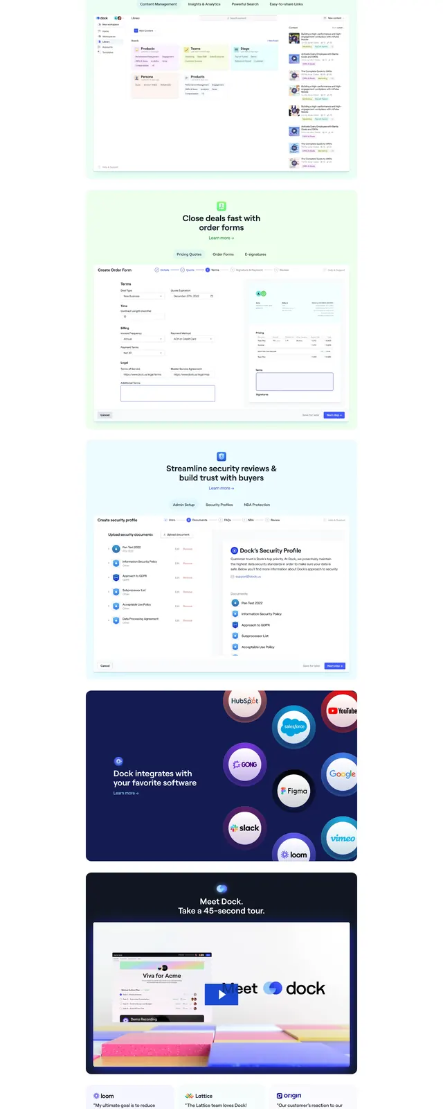 Dock revenue enablement landing page, minimal, corporate-clean, light