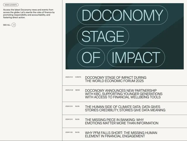 Doconomy news events list, minimal, light-mode, light