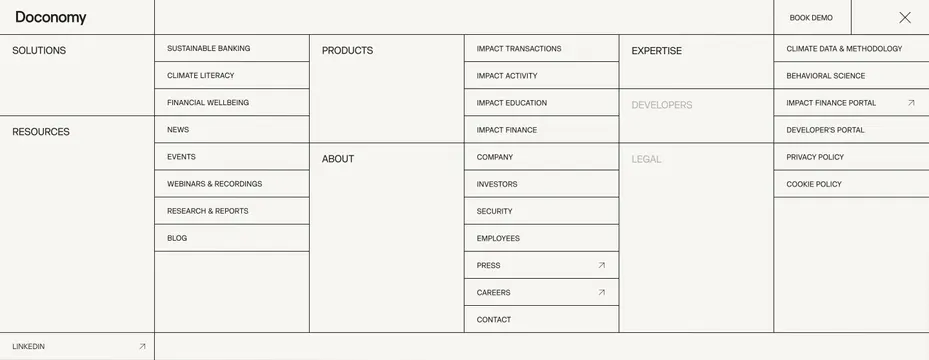 Doconomy full-screen mega menu, minimal, light-mode, light