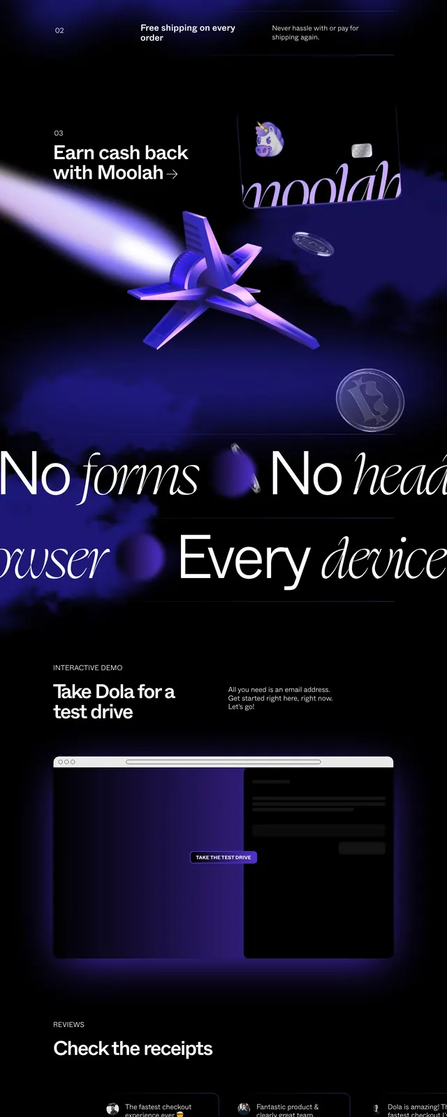 Dola dark hero landing page, dark-mode, editorial, dark