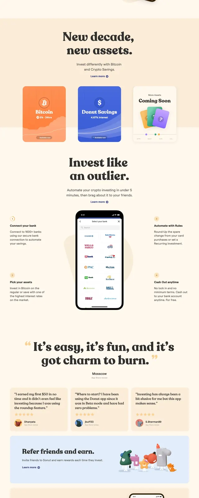 Donut finance landing page, editorial, playful, light