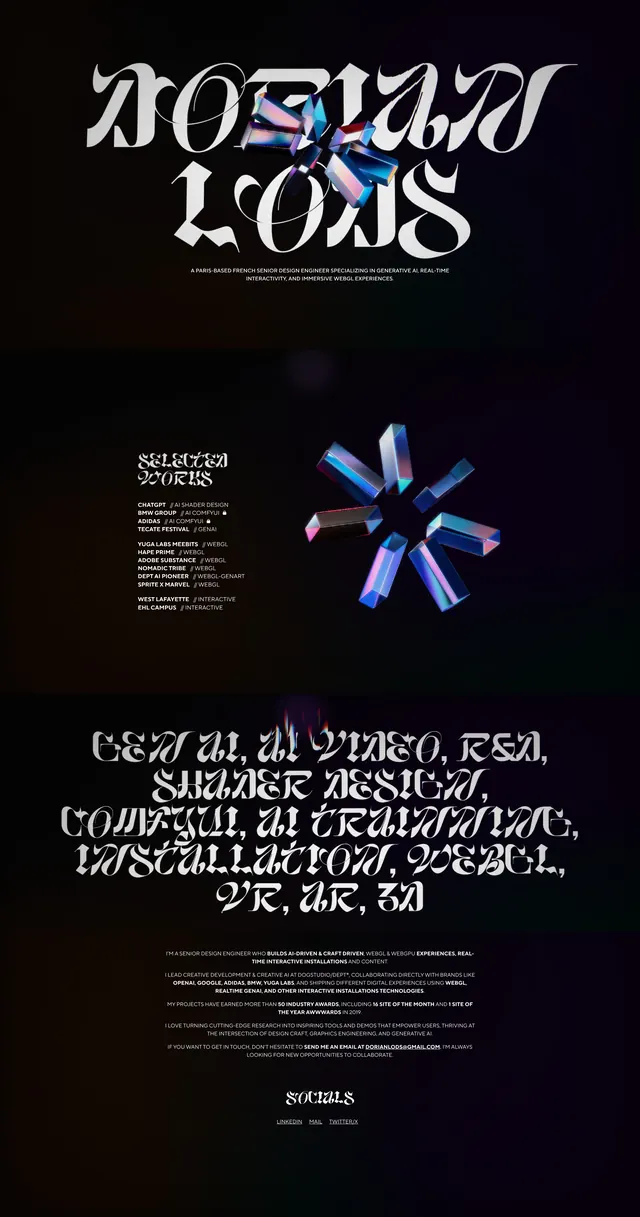 Dorianlods portfolio showcase, dark-mode, editorial, dark