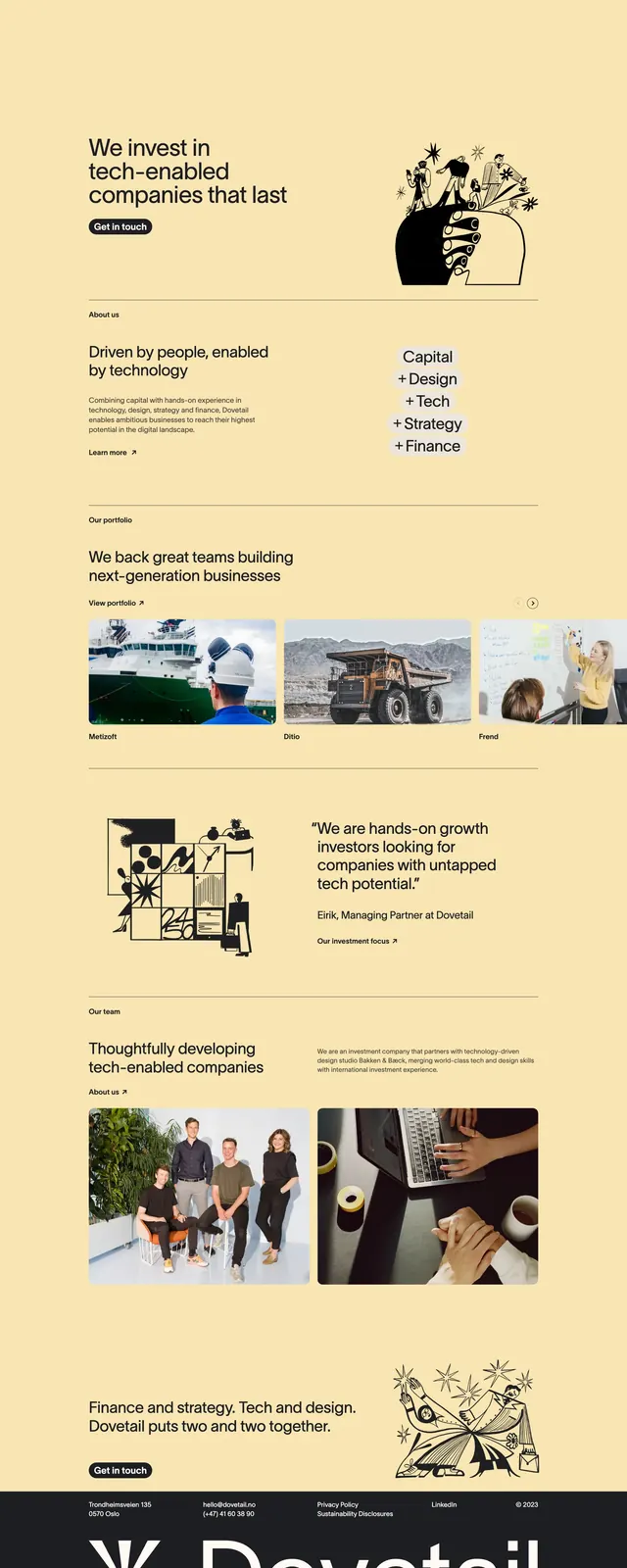 Dovetail investment homepage, editorial, minimal, warm