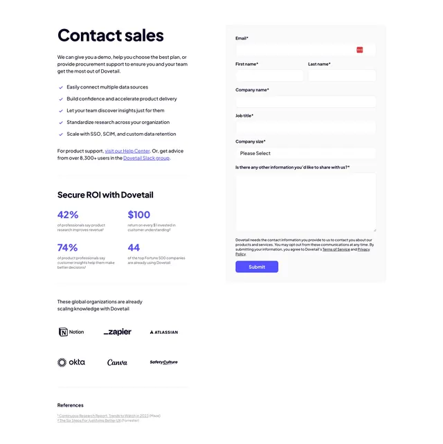 Dovetail contact sales split form, minimal, light-mode, light