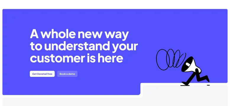 Dovetail violet CTA with mascot illustration, minimal, illustrated, vibrant