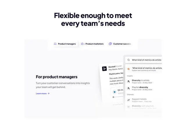 Dovetail audience-tabbed feature with floating search UI, minimal, light-mode, light