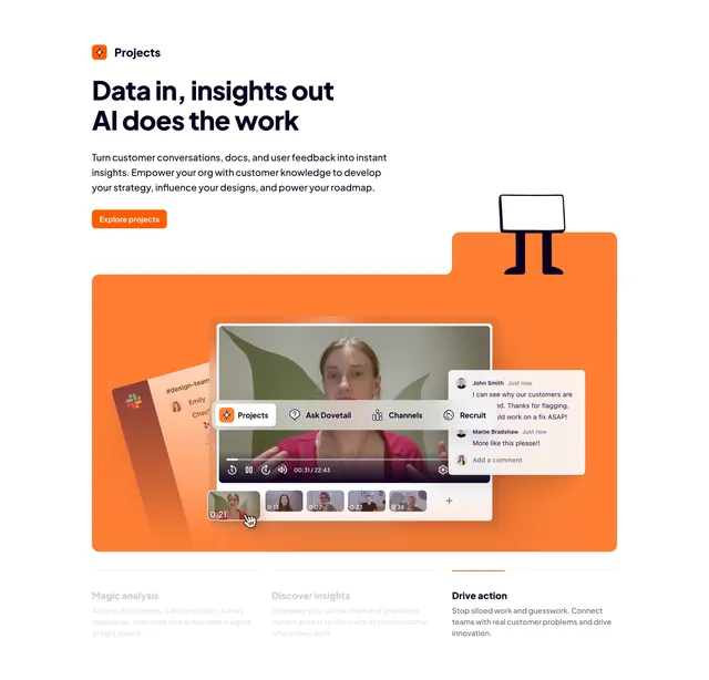 Dovetail orange product feature with floating UI, light-mode, corporate-clean, light