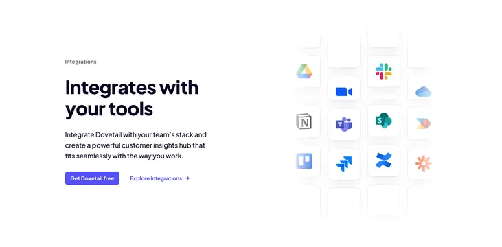 Dovetail integrations grid with faded logo tiles, minimal, light-mode, light