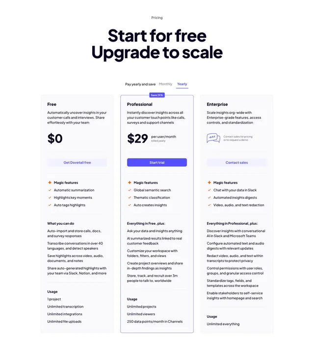 Dovetail three-tier pricing with billing toggle, minimal, light-mode, light