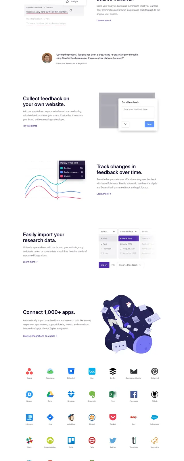 Dovetail SaaS landing page, light-mode, corporate-clean, light