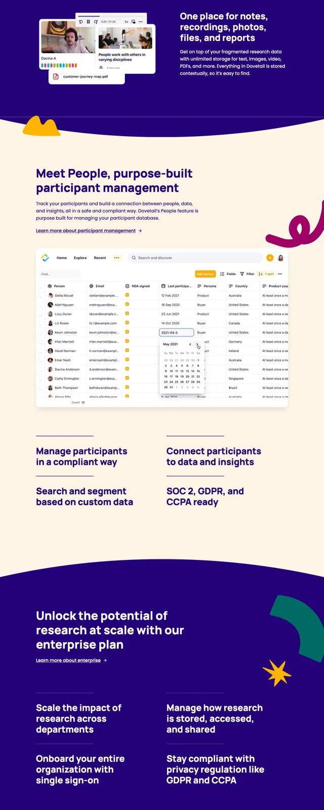 Dovetail customer research landing page, illustrated, light-mode, light