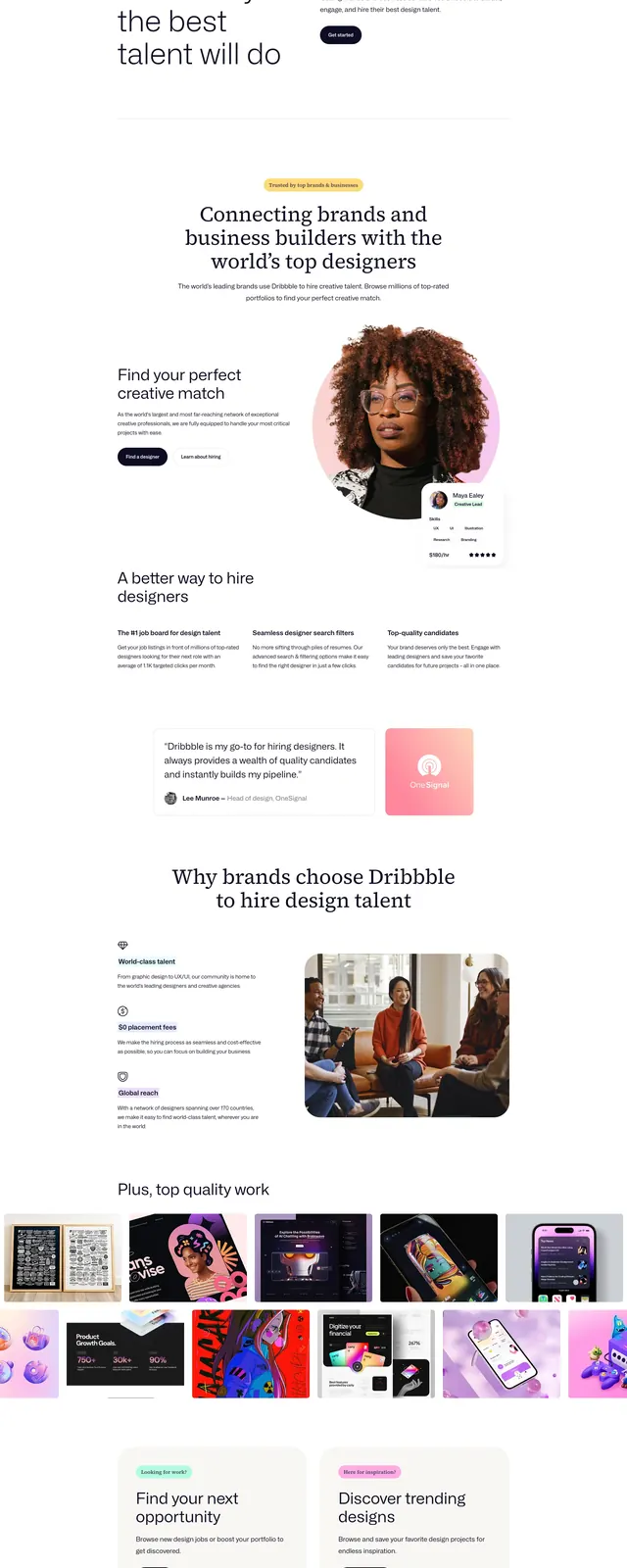 Dribbble hiring landing page, editorial, light-mode, light