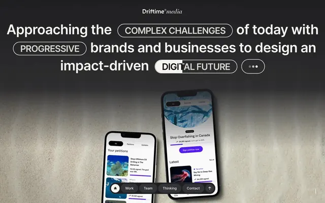 Driftime impact-driven agency hero, editorial, minimal, dark