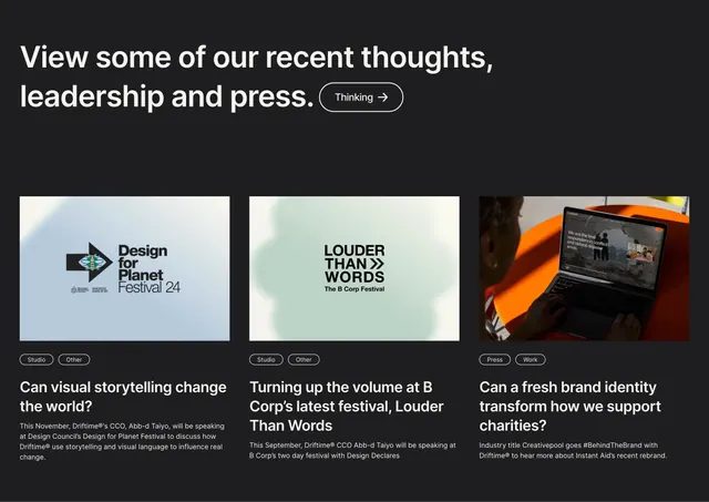 Driftime recent thoughts blog grid, dark-mode, minimal, dark