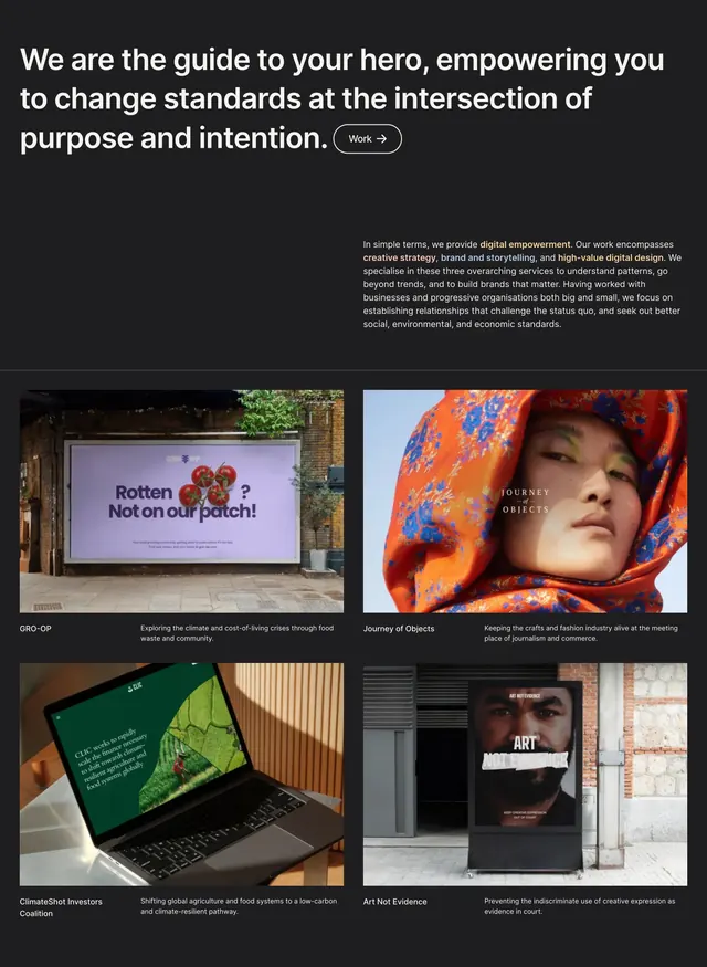 Driftime portfolio work grid, dark-mode, minimal, dark