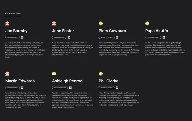 Driftime extended team with abstract icons, dark-mode, minimal, dark