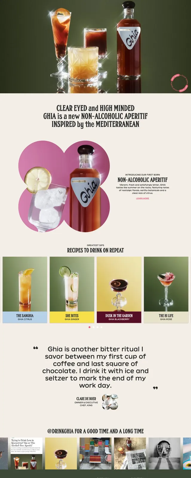 Ghia apéritif landing page, editorial, photographic, dark